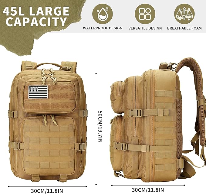45L Military Tactical Backpacks 3 Days Assault Pack Bag Fitness Rucksack 3 Day Bug Out Bag Hiking Treeking Molle Daypack (Khaki)