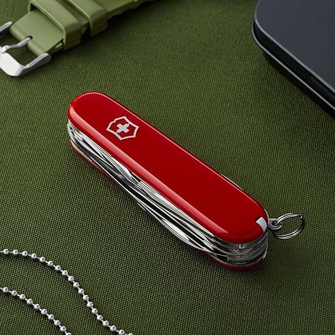 Victorinox Huntsman Swiss Army Knife 15 Functions Swiss Made Pocket Knife with Large Blade Screwdriver Scissors and Wood Saw - Red