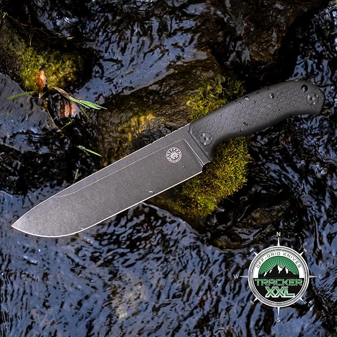 Off-Grid Knives - TRACKER-XXL Fixed Blade Knife Cryo D2 Blade Steel G10 Scales Kydex Sheath OG Lo-Pro Belt Attachment Chopping Camping Bushcraft Hunting Survival (Blackout)