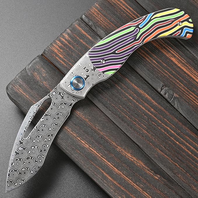 Sitivien ST270 Folding Knife Damascus Steel Blade Colorful G10 &amp Damascus Handle with Ball Bearing for Men Women Outdoor Camping Hiking Fishing(Color)