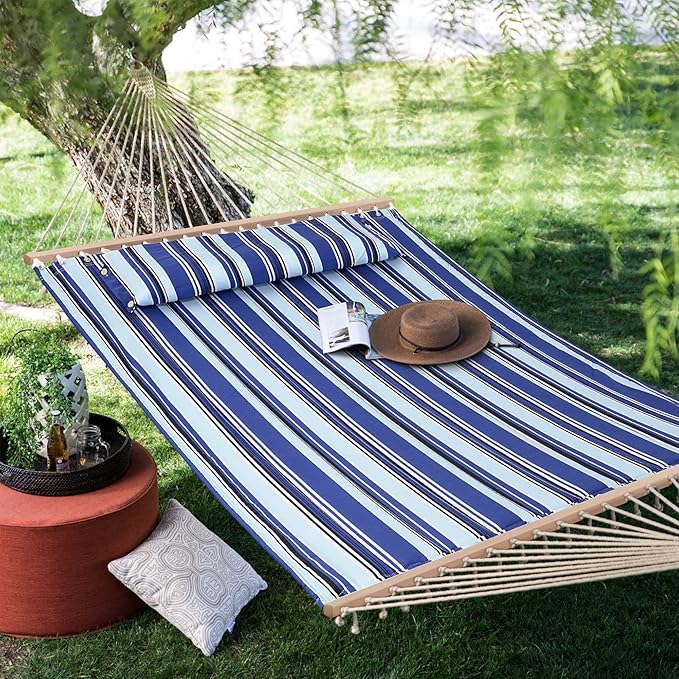 SUNCREAT Hammocks Quilted Fabric Hammock Double Hammock with Spreader Bar Soft Pillow Max 475lbs Capacity Blue Stripes