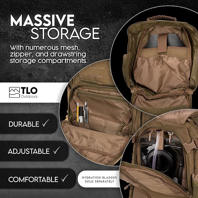 TLO Outdoors TacPack40L Tactical Backpack - Water Resistant 40 Liter Capacity Daypack Rucksack Gear Bag Laptop Bag