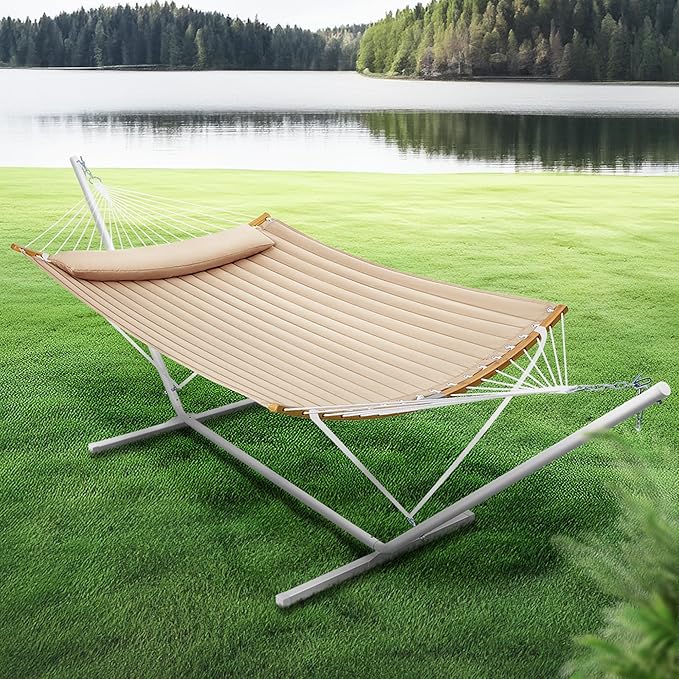 SUPERJARE Hammock with Stand 2 Person Heavy Duty Hammock with Padded Cotton Detachable Pillow &amp Strong Curved-Bar &amp Portable Carrying Bag Perfect for Outdoor &amp Indoor Beige