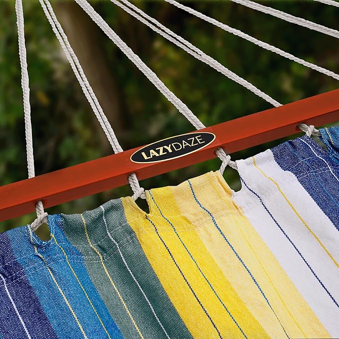 Lazy Daze Hammocks Cotton Fabric Spreader Bar Hammock and 10.5 Ft Wood Arc Hammock Stand Combo for Outdoor Indoor Patio Backyard Blue and Yellow