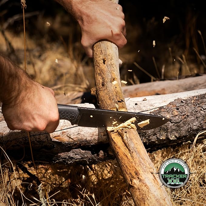 Off-Grid Knives - TRACKER-XXL Fixed Blade Knife Cryo D2 Blade Steel G10 Scales Kydex Sheath OG Lo-Pro Belt Attachment Chopping Camping Bushcraft Hunting Survival (Blackout)