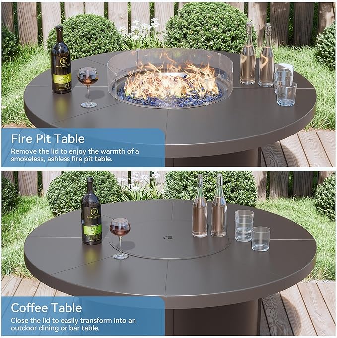 Kullavik 48 Round Propane Fire Pit Table55000 BTU Auto-Ignitiongas Gas Fire Table with Fire Glass and LidWaterproof Cover and Pumice Stone for PatioBalconyGarden
