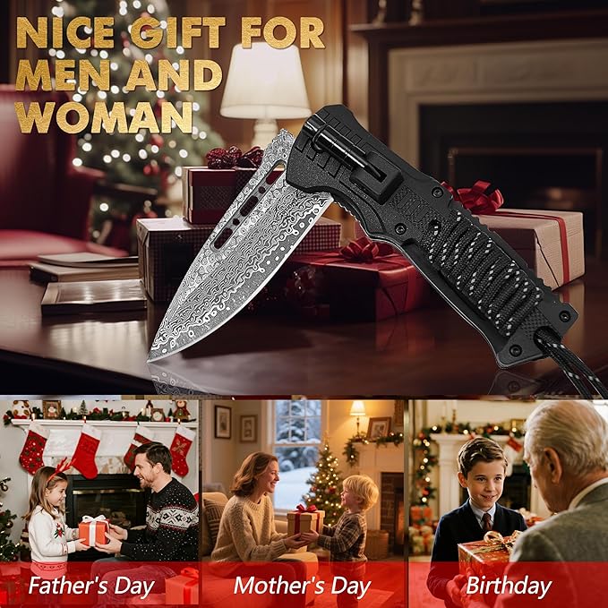 Father's Day Memorial Day &amp Birthday Gift for Him Damascus Pocket Knife Gift for Men Boyfriend Husband Father Veterans – Folding Knife with Fire Starter Whistle LED Light Serrated Blade f