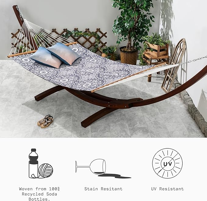 Fab Habitat Farmhouse Recycled Polyester Hammock - Spanish Tile - Blue - Indoor/Outdoor Quick Dry 2 Person 460 lbs Capacity - Patio Poolside Backyard Garden Beach Balcony - 12-14 ft Adjustable