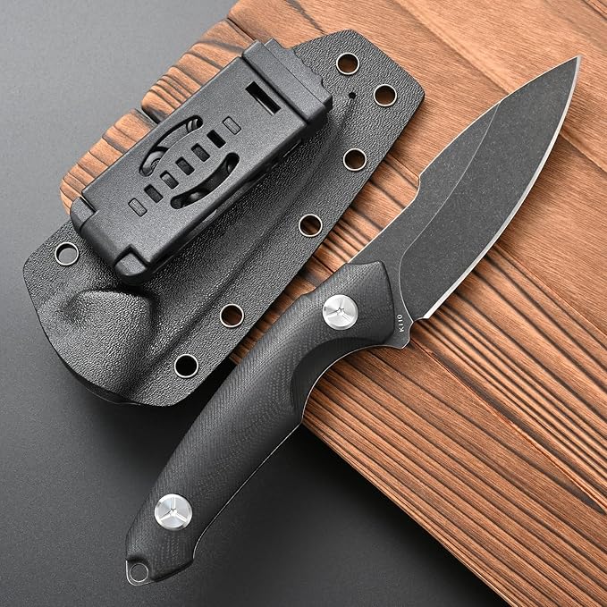 FF110 Fixed Blade Knife K110 Black Stonewashed Steel G10 Handle Full Tang Knife with Kydex Sheath for Outdoor Camping Hunting Working (Black)