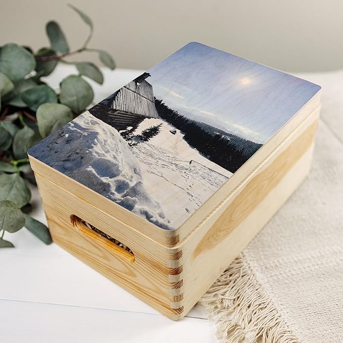 Creative Deco Personalized Wooden Storage Box Photo Box | 11.8x7.87x5.51in (+-0.5) | Hinged Lid Handles &amp Engraving | Photo or Logo | Unpainted Gift Box | UNSANDED Keepsake Memory Souvenir Chest