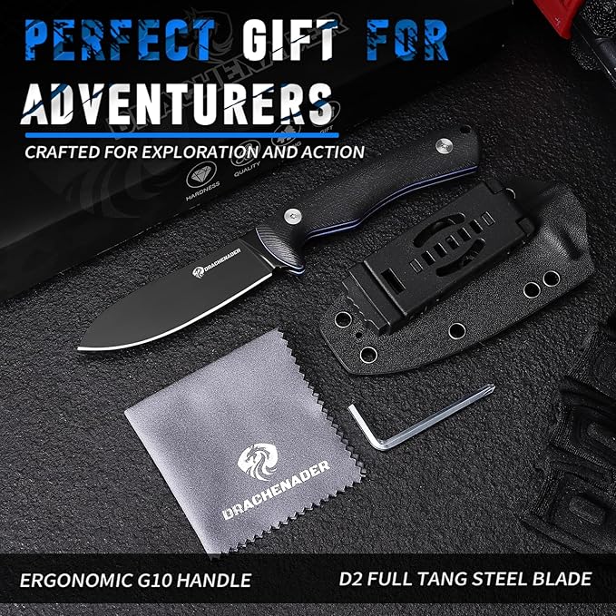 DRACHENADER SHADOW 8.11 Fixed Blade Hunting Knife D2 Steel Blade Survival Knife with Kydex Sheath Horizontal Carry for Men Outdoor Skinning and Camping (Black)