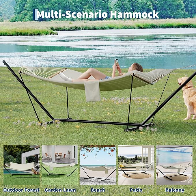 2 Person Double Hammock with Adjustable Steel Stand &amp Pillow Heavy Duty Portable Outdoor Hammock Set MAX 450 LBS Weight Capacity for Patio Garden Beach Backyard