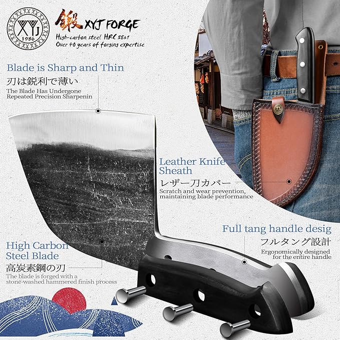 XYJ Authentic Since 1986Outstanding Ancient Forging6.7 Inch Full TangSerbian Chefs knifeChef Meat CleaverKitchen KnivesSet with Leather SheathTake CarryingButcher