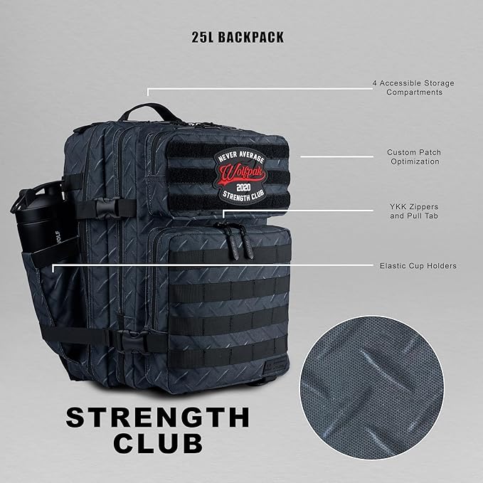 WOLFpak 25L Athletic Gym Backpack (Strength Club) Durable 1000D Waterproof Oxford Material w/MOLLE Webbing Laptop Pocket &amp Dual Cup Holders Durable Fitness/Travel/Military Daypack