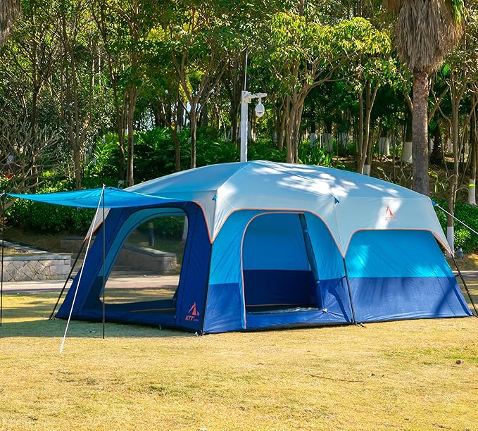 KTT Extra Large Tent 10-12-14 Person(B)Family Cabin Tents2 Rooms3 Doors and 3 Windows with MeshStraight WallWaterproofDouble LayerBig Tent for OutdoorPicnicCampingFamily Gathering