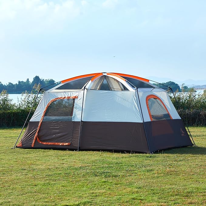 KTT Large Tent 6-8-10-12 PersonFamily Cabin Tents2 Rooms2 Doors and 4 Windows with MeshStraight WallWaterproofDouble LayerBig Tents for OutdoorPicnicCampingFamily Gathering