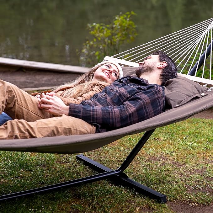 SUNCREAT 55 Inch Extra Large Double Hammock with 12 ft Stand 475lbs Capacity Outdoor Portable Hammock with Hardwood Spreader Bar Extra Large Pillow Brown