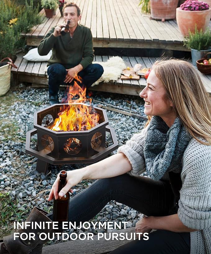 35 inch Fire Pit Large Firepits for Outside Wood Burning Fire Pits with Cooking Grill Outdoor Fire Pit Octagonal Heavy Duty Firepit with Poker for Bonfire Backyard Patio Bronze