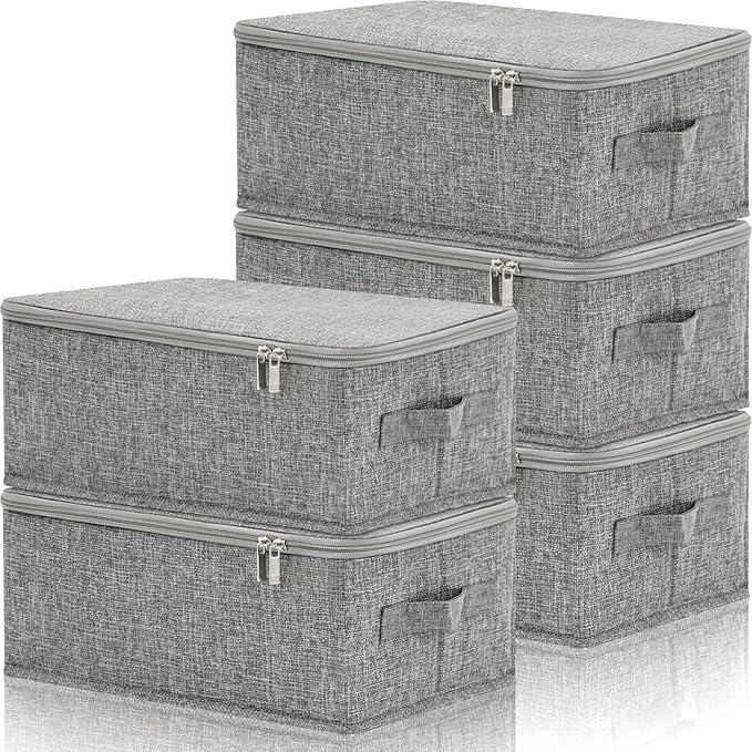 Soaoo 5 Pcs Fabric Storage Bins with Zipper Lids and Handle 15 x 10 x 6'' Rigid Collapsible Washable Wardrobe Storage Boxes Stackable Foldable Closet Organizer Containers Cubes Gray