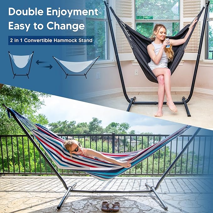 SUNCREAT 2-in-1 Convertible Portable Double Hammock with Stand Included Outdoor Hammock and Stand Patented Sea Blue