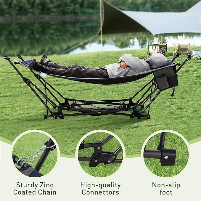 ALPHA CAMP Portable Hammock Bed with Stand Foldable Lounge Camping Bed for Patio Backyard Garden Poolside Beach Lawn Porch Include Pillow Storage Net Side Pocket with Cup Holder