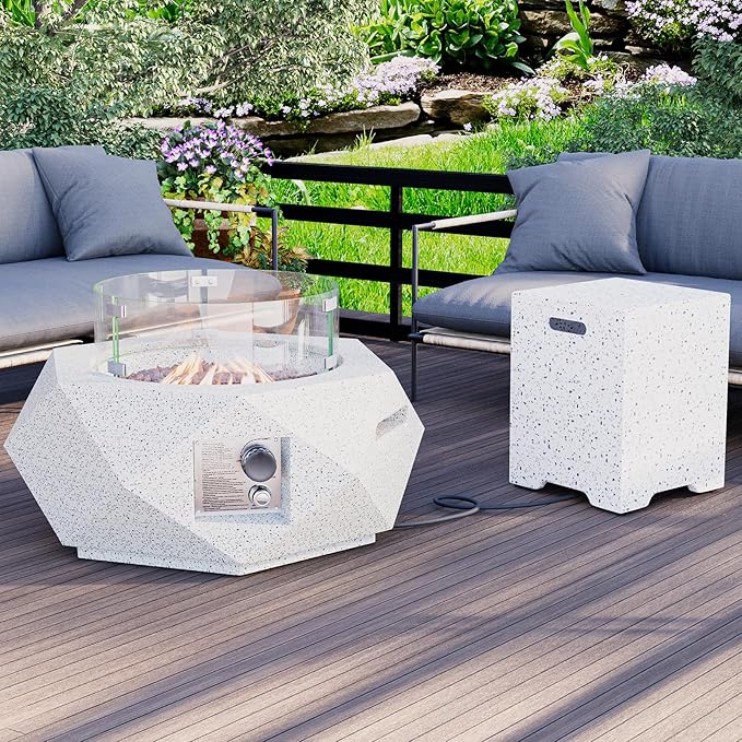 HOMPUS Hexagon Fire Pit Table Outdoor Propane Fire Pit Table w Free Lava Rocks &amp Rain Cover Terrazzo Colorful Fire Pit w Tank Cover Table &amp Wind Guard for Patio Outside