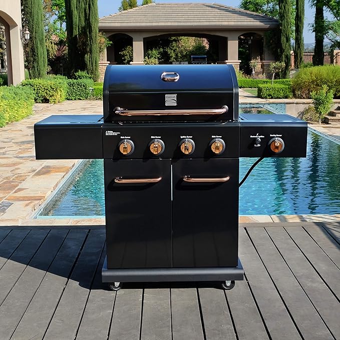 Kenmore 4-Burner BBQ Gas Grill with Searing Side Burner Propane Grill 52000 BTUs Warming Rack Electronic Ignition &amp Cast Iron Cooking Grates Black/Copper