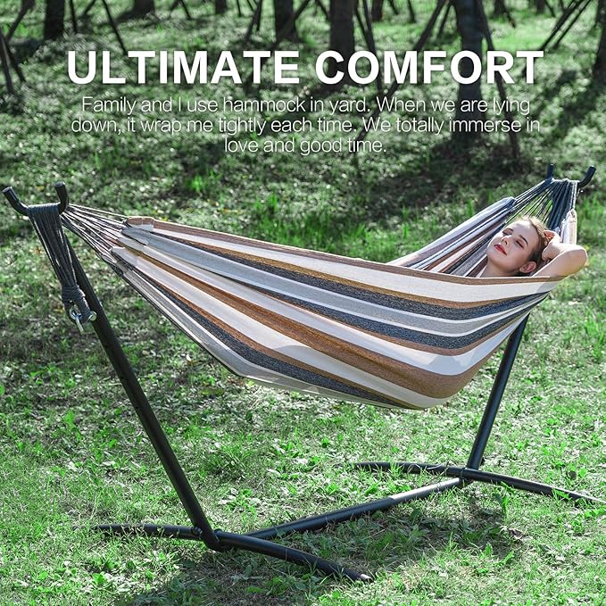 PNAEUT Double Hammocks with Stand for Outside Portable Space Saving Heavy-Duty Steel Frame for Indoor Outdoor Patio Yard Easy Assembly 2 Person 450 lbs Capacity (Coffee)
