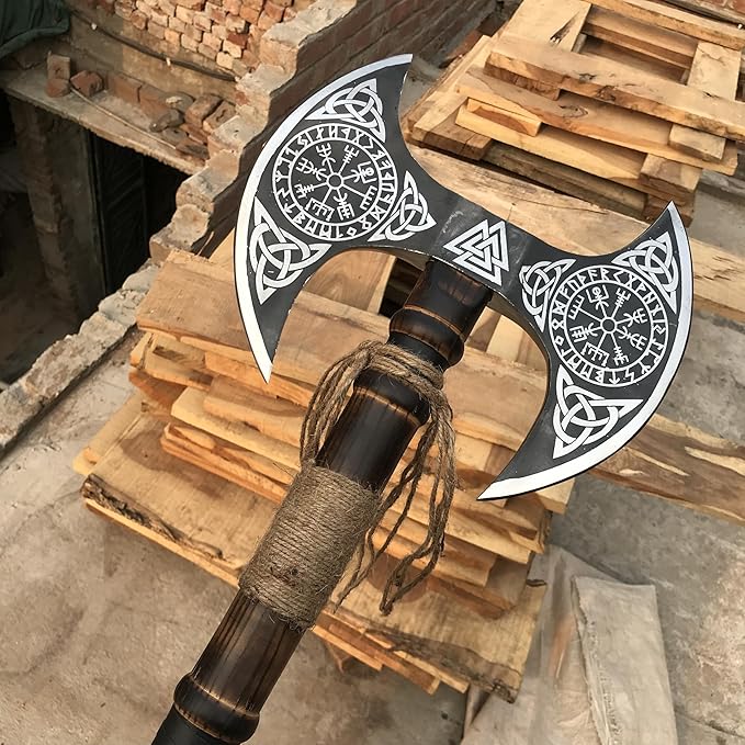 viking tools AxesFunctional Axe Bushcraft Axe Hatchet for Hunting Bearded Axe Double Head Axe Tool with Free Leather Sheath dd007 Black/Sliver (Viking Double Bit Axe)