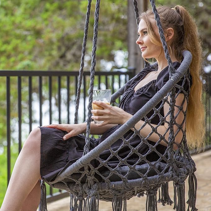 SUNCREAT Hammock Chair Hanging Macrame Swing with Hardware Kits Max 330 Lbs Handmade Knitted Mesh Rope Swing Chair for Indoor Outdoor Bedroom Patio Yard Garden Pack of 2 Grey