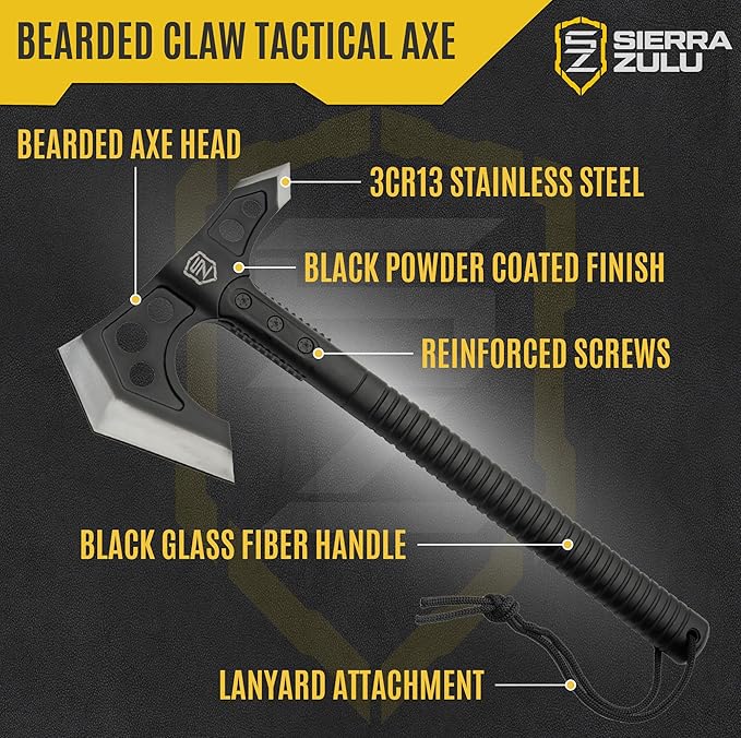 Sierra Zulu Camping Axe - Tactical Survival Hatchet with Bearded Axe Head Nylon Sheath &amp Glass Fiber Handle - Full Tang Outdoor Bushcraft Tool for Camping Hiking and Chopping Tasks