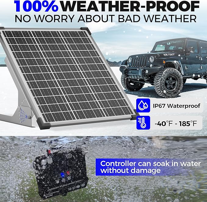 Voltset 50W Solar Panel Kit 12V Solar Battery Trickle Charger Maintainer + 10A MPPT Charge Controller + Adjustable Mount BracketWaterproof Solar Panel Battery Charger for Car Boat Marine RV Roof