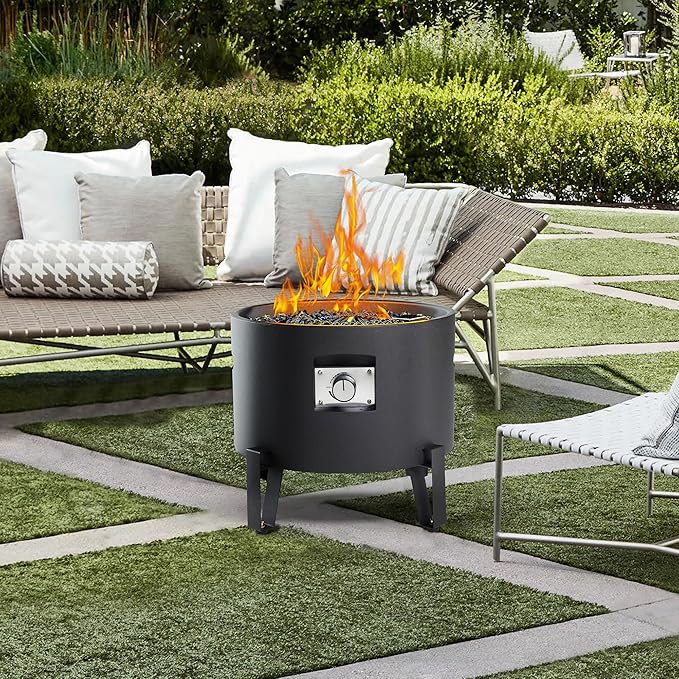 BAIDE HOME Portable Propane Fire Pit for Camping RV 50000 BTU Round 15'' H x 16'' W Portable Gas Firepit W/Lid Glass Rocks &amp Weather Resistant for Outdoors Propane Extension Hose Black