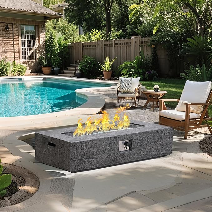 Outdoor Propane Fire Pit Table Set – Premium Slate-Like MgO Finish 48-Inch Gas Fire Table for Patio Garden &amp Backyard Includes Rain Cover &amp Glass Beads