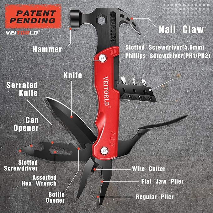 VEITORLD Gifts for Men Women Fathers Day Anniversary Birthday Gifts Ideas for Dad Grandpa Him All in One Tools Hammer Multitool Camping Accessories Survival Gear Unique Fishing Hunting Tools Gifts
