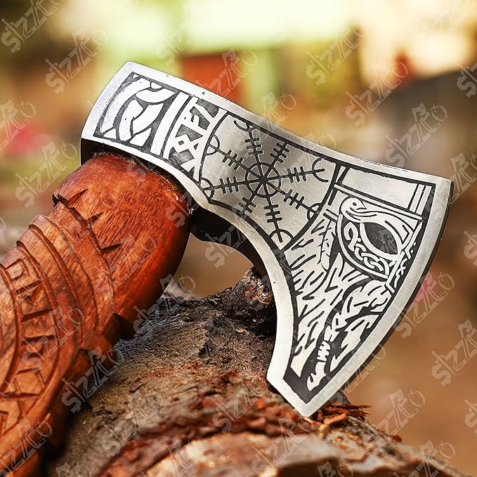 Custom Gift Forged Carbon Steel Viking Style Axe Bearded Axe with Rose Wood Shaft Tomahawk - Real Hatchet Best Gift for Christmas Anniversary Valentine's Day Birthday Premium Leather Sheath