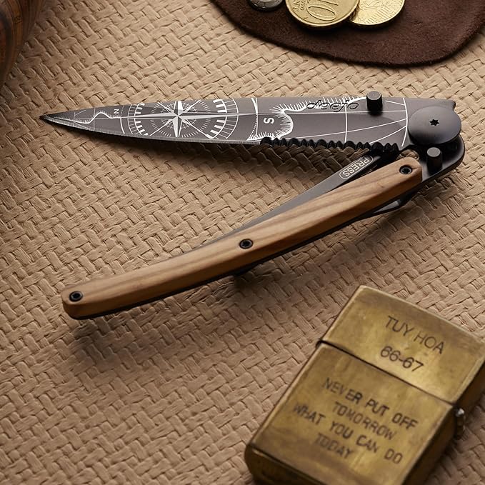 deejo - 37G Serrated Folding Pocket Knife with Belt Clip - Terra Incognita Design 3.7-Inch Stainless Steel Blade Black Titanium Finish Coral Handle - Lightweight EDC for Home Work Outdoor Use