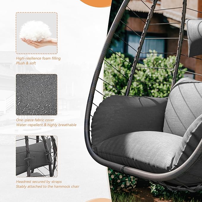 ALAULM Foldable Egg Chair with Stand 485LBS Capacity Wicker Rattan Hammock Swing Chair for Outdoor &amp Indoor Hanging Chair with Strong Frame &amp UV Resistant Cushion for Balcony Bedroom Light