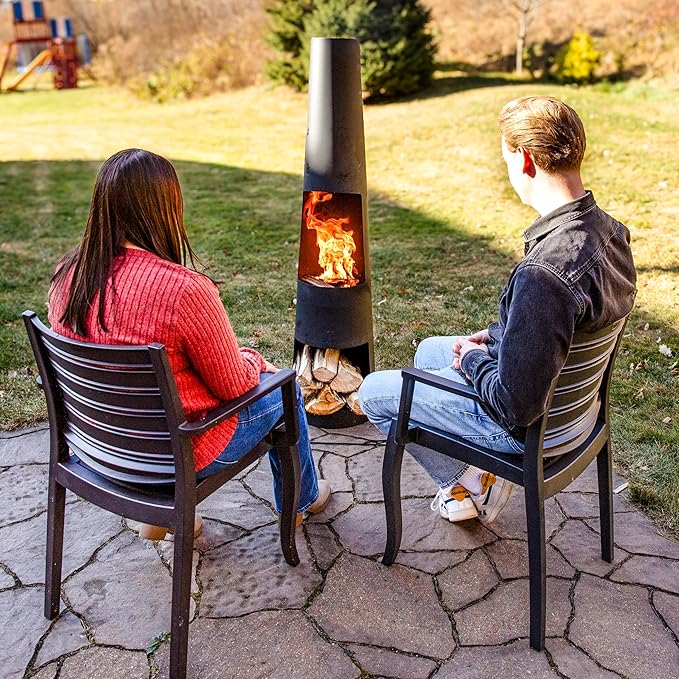 Sunnydaze 59-Inch Steel Chiminea Outdoor Fire Pit with Built-in Log Holder - Chiminea Outdoor Fireplace - Includes Poker