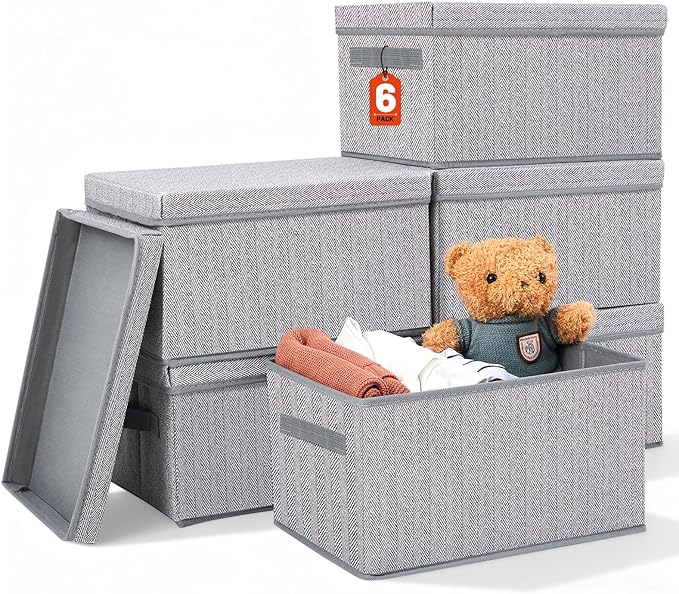 LemonRoad 6 Pack 14'' x 10'' x 8'' Collapsible Storage Cubes Bins with Removable Lids Fabric Closet Organizers with Handles Foldable Memory Boxes for Shelves Nursery Bedroom Home Closet Gray