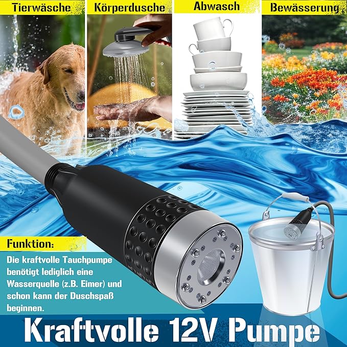 KESSER Camping Shower with Battery | Submersible Pump | Shower Head | 2 x 2200 mAh Lithium Batteries USB Charging Cable for Camping Garden Car