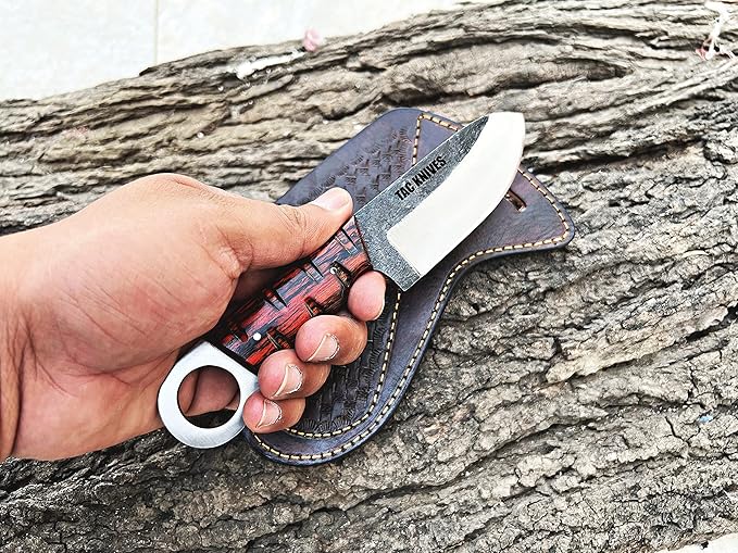 TAC KNIVES 7'' Full Tang Fixed Blade Outdoor Camping Hunting Knife In Sheath Gift For Him | 1095 High Carbon Steel | SKINNER Gift Cowboy knives Pancake leather sheath (ORANGE)