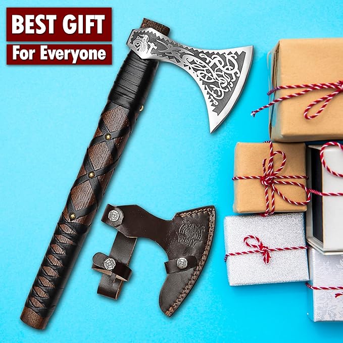 SHINY CRAFTS® Norse Viking Axe with Leather Sheath – Hand-Forged Bearded Hatchet Tomahawk Axe for Camping Survival Woodcutting Unique Gift for Him Husband Dad Groomsmen (Black-VBA-04)