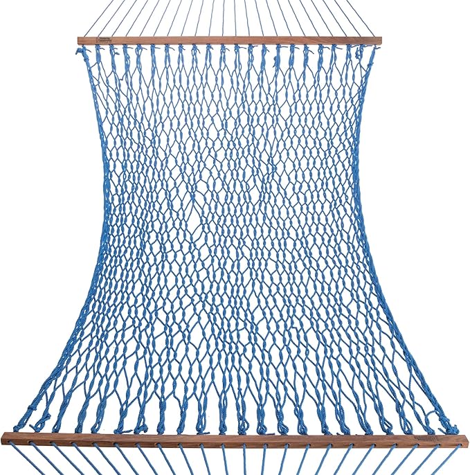 Hatteras Hammocks Large Coastal Blue DuraCord Rope Hammock – 13 ft. x 55 in. 2-Person 450 lb Capacity Cumaru Spreader Bar Zinc-Plated Hardware – Handcrafted in The USA