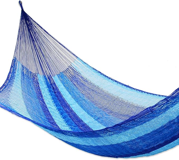 NOVICA Multicolor Sky Blue Striped Hand Woven Nylon Mayan 1 Person Rope Hammock 'Blue Caribbean' (Single)