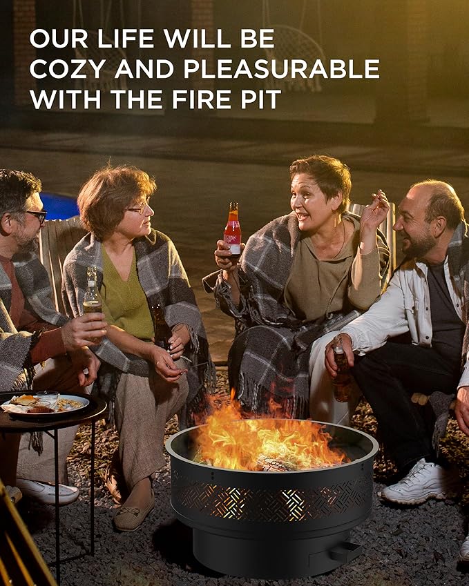32 Fire Pits with Cooking Grill Outdoor Fire Pit with Lid &amp Fire Poker Fire Pit Table for Outside Wood Burning Firepit Round Heavy Duty Firepit for BBQ Table Picnic Camping Bonfire Party