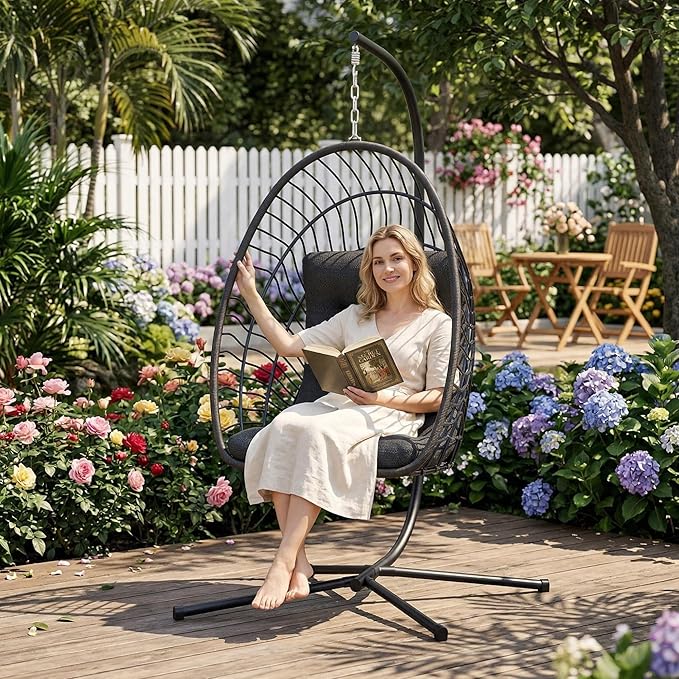 Kingdura Hanging Egg Chair with Stand Indoor Outdoor Foldable Rattan Wicker Hammock Egg Swing Chair for Bedroom Porch Patio Garden Thickened Cushion 350LBS Capacity Heavy Duty Frame