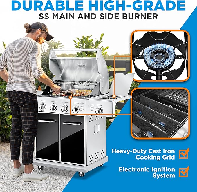 NutriChef 52000 BTU 5-Burner Stainless Steel Propane Gas Grill with Portable Design Electronic Ignition Built-in Thermometer and Heavy-Duty Construction