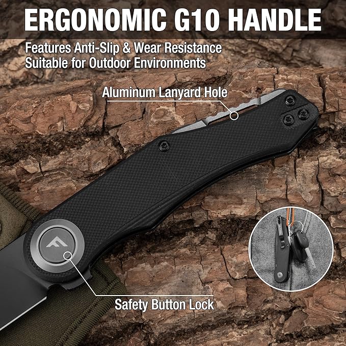 FLISSA Button Lock Folding Knife 3.1 D2 Steel Blade EDC Pocket Knife with G10 Handle Flipper Belt Clip Bearings for Outdoor Camping Hiking Fishing Hunting Gift for Men &amp Women (Grey)