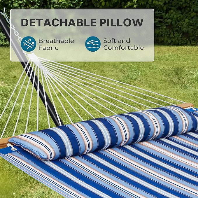 SUPERJARE Hammock with Stand 2 Person Quilted Outdoor Hammock Detachable Pillow &amp Bamboo Spreaders Portable Hammock with Carrying Bag Heavy Duty Stand Perfect for Outside Navy Blue Stripe
